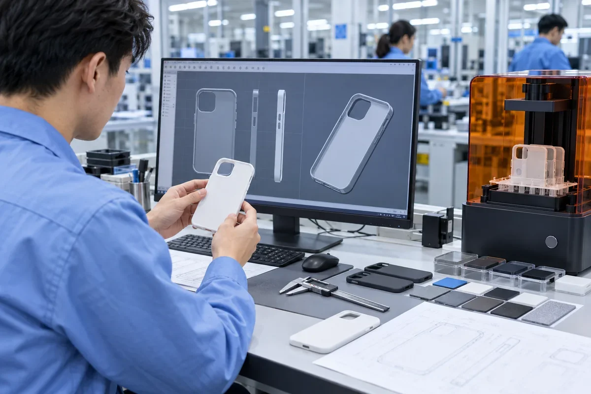 Phone case designer reviewing 3D CAD model and printed prototype
