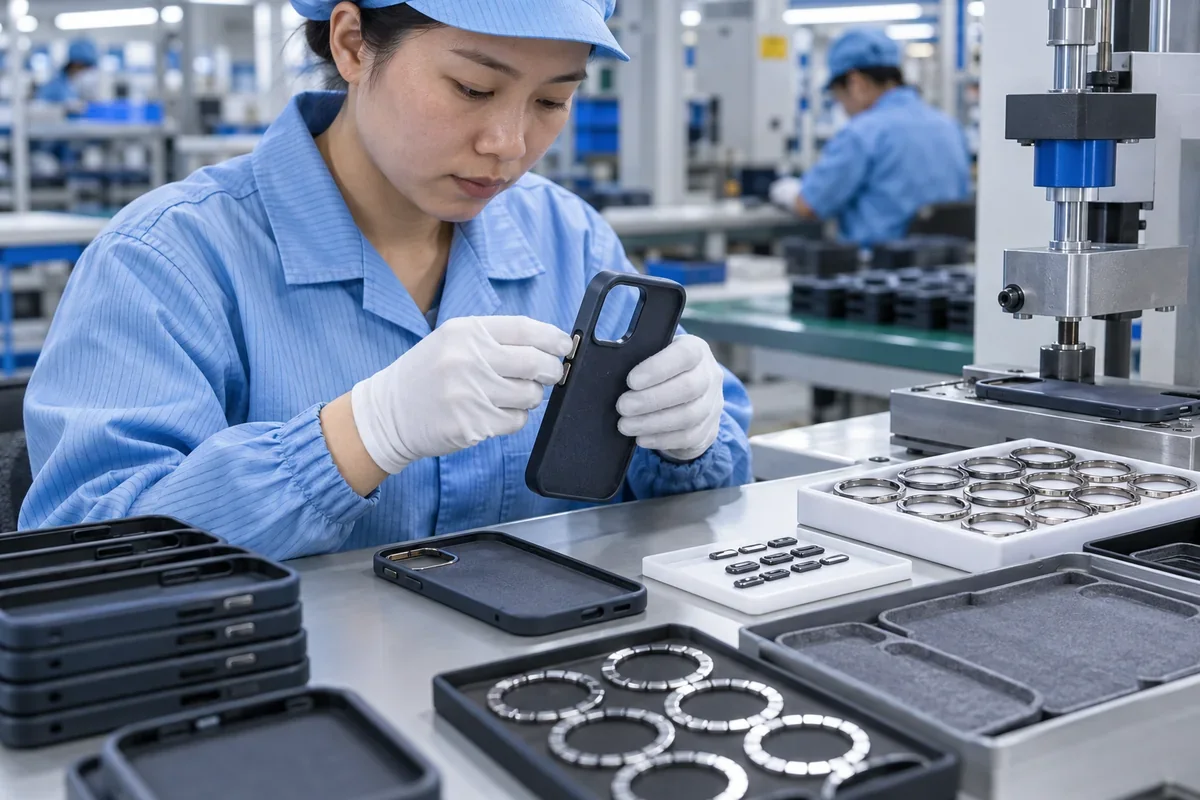 Worker assembling magnetic ring camera frame and buttons on phone case