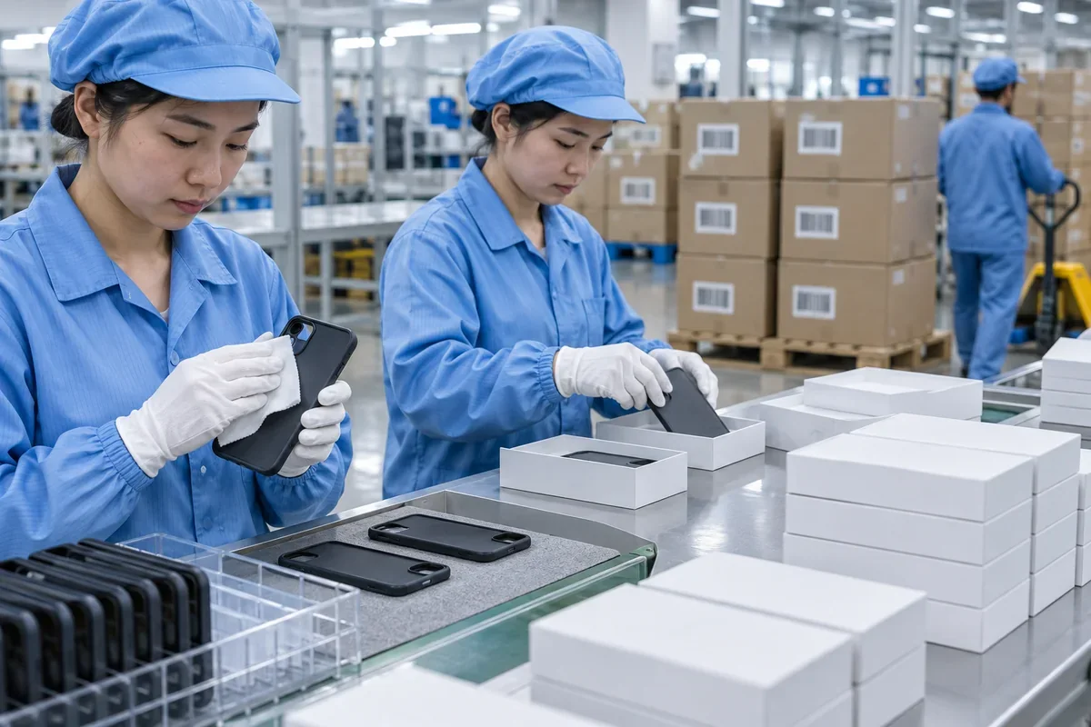 Phone cases being cleaned packed and prepared for shipment