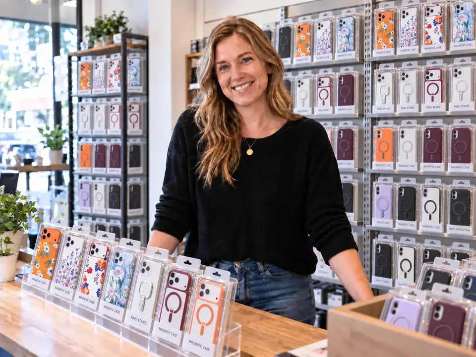 Phone case store owner in the United States standing inside her retail shop