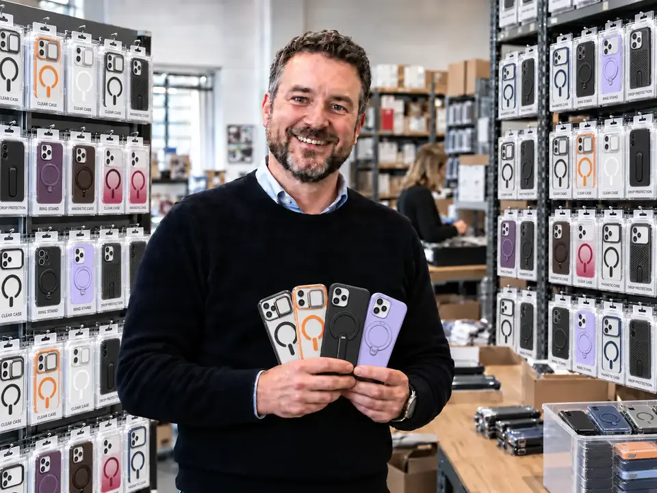 Mobile accessories wholesaler in the United Kingdom inside his wholesale showroom