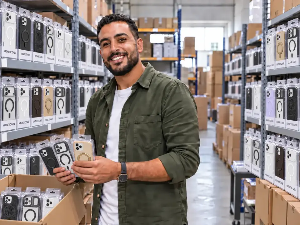 Phone case distributor in Morocco standing in his warehouse