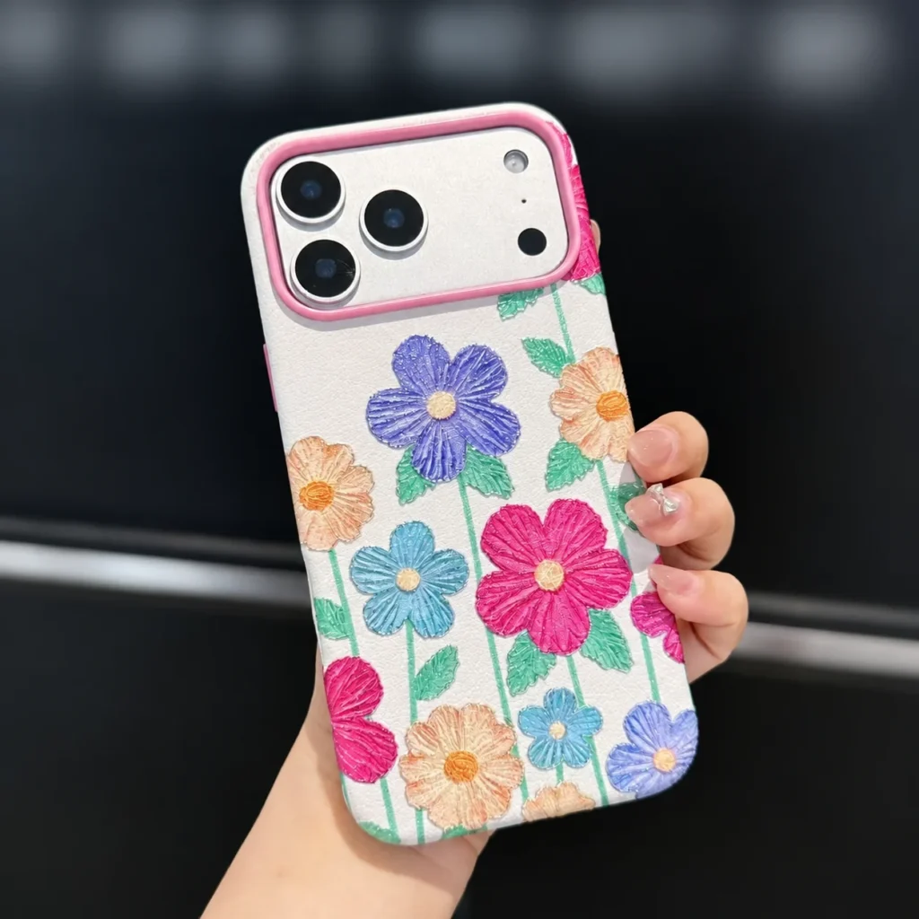 Hand holding a Botanical Bloom phone case with a colorful raised floral print, shown from the back.