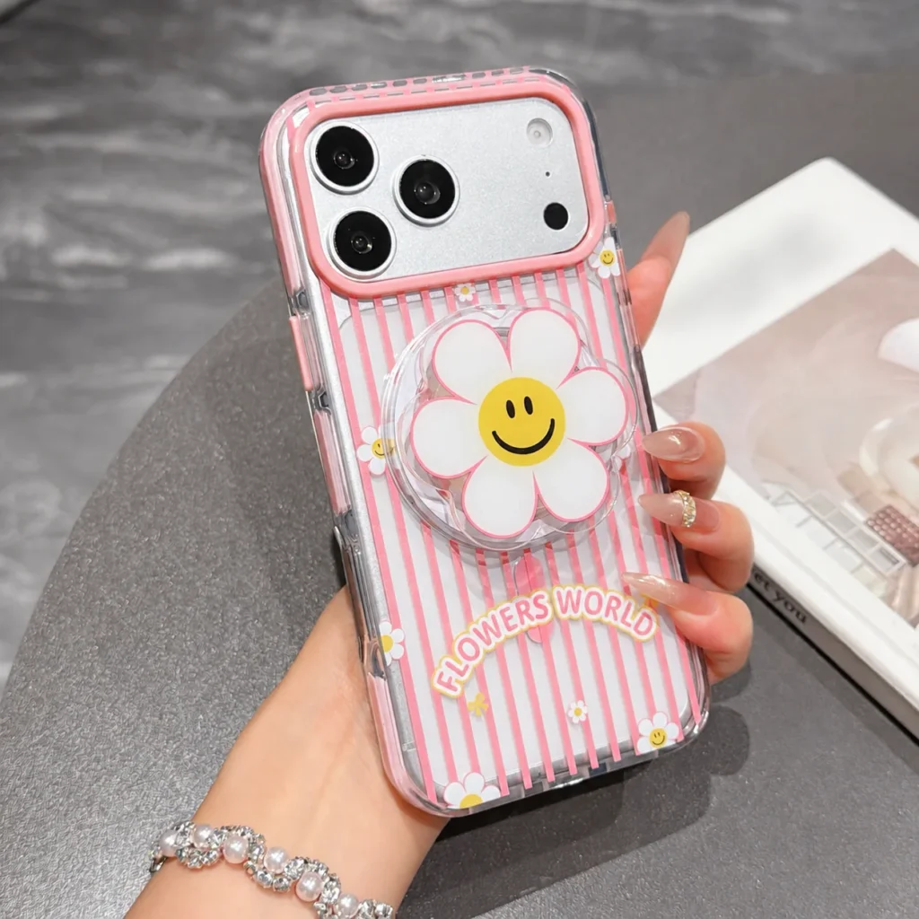 Pink striped phone case with a raised smiling white daisy