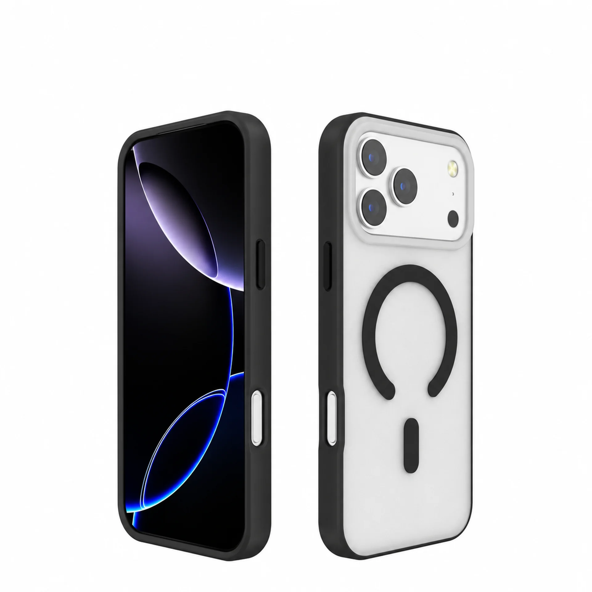 Black and white plastic phone cases, front and back views