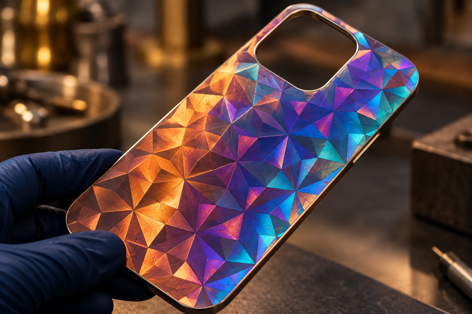 Colorful geometric artwork on a metal phone case backplate