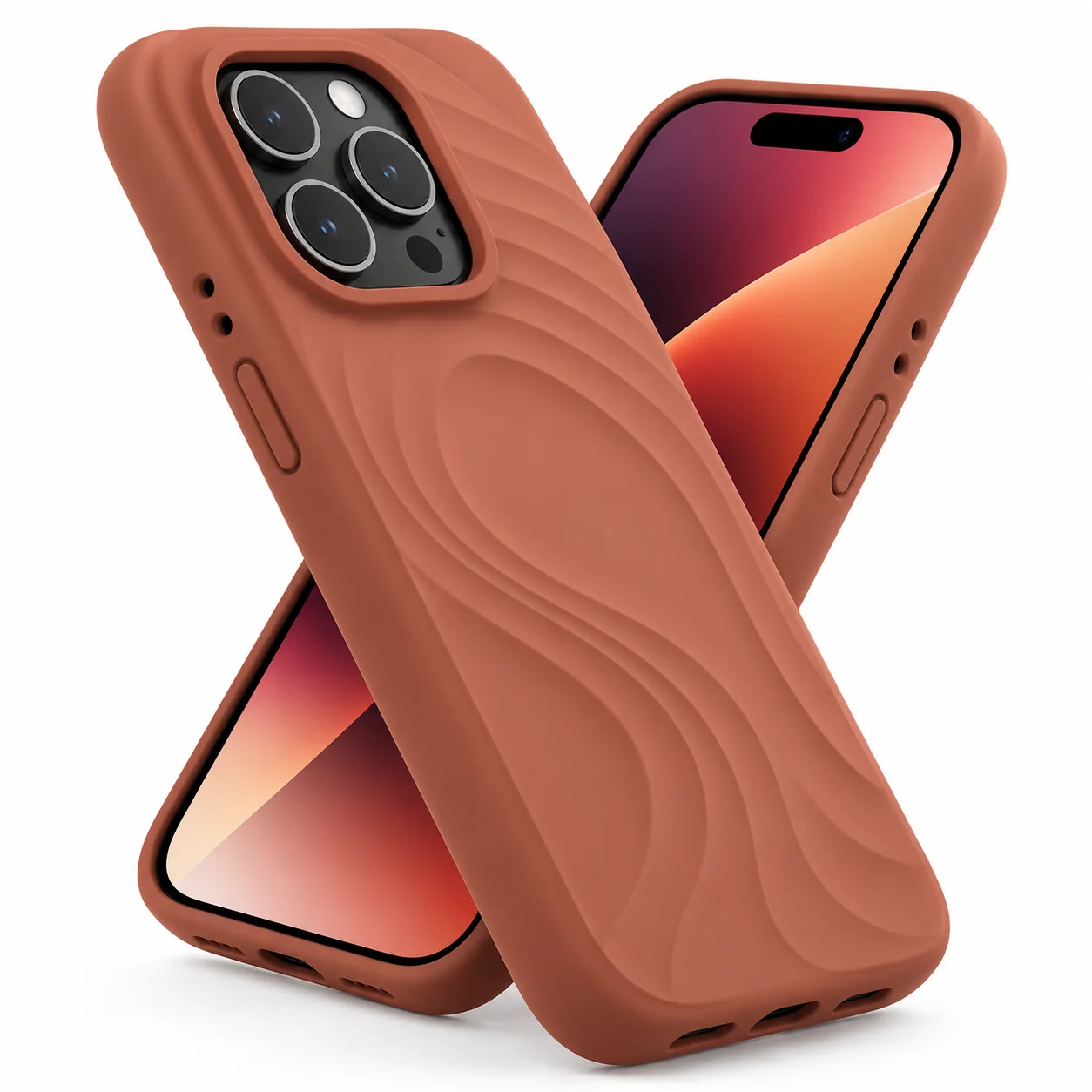 Terracotta silicone phone cases with sculpted flowing wave texture