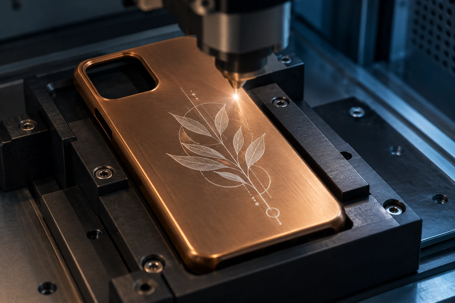 Laser engraving a leaf pattern on a copper-colored metal phone case