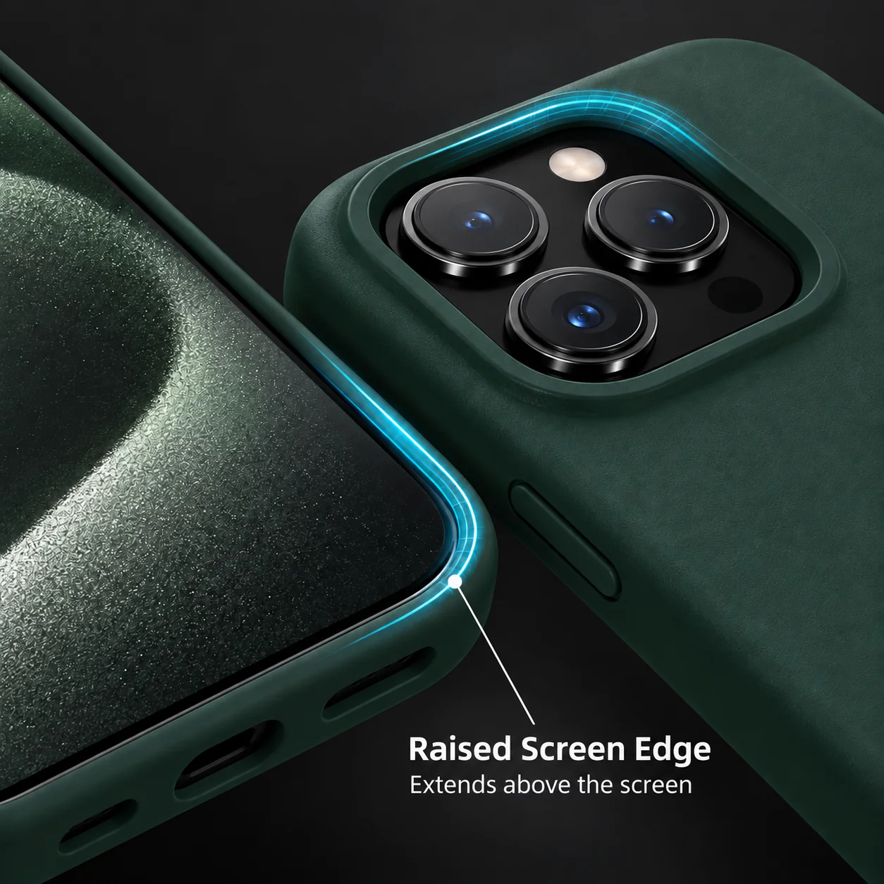Forest green silicone case with raised screen edge protection