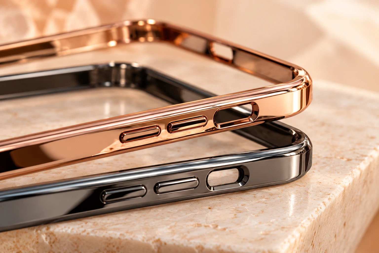 Rose-gold and gunmetal plated phone case frames