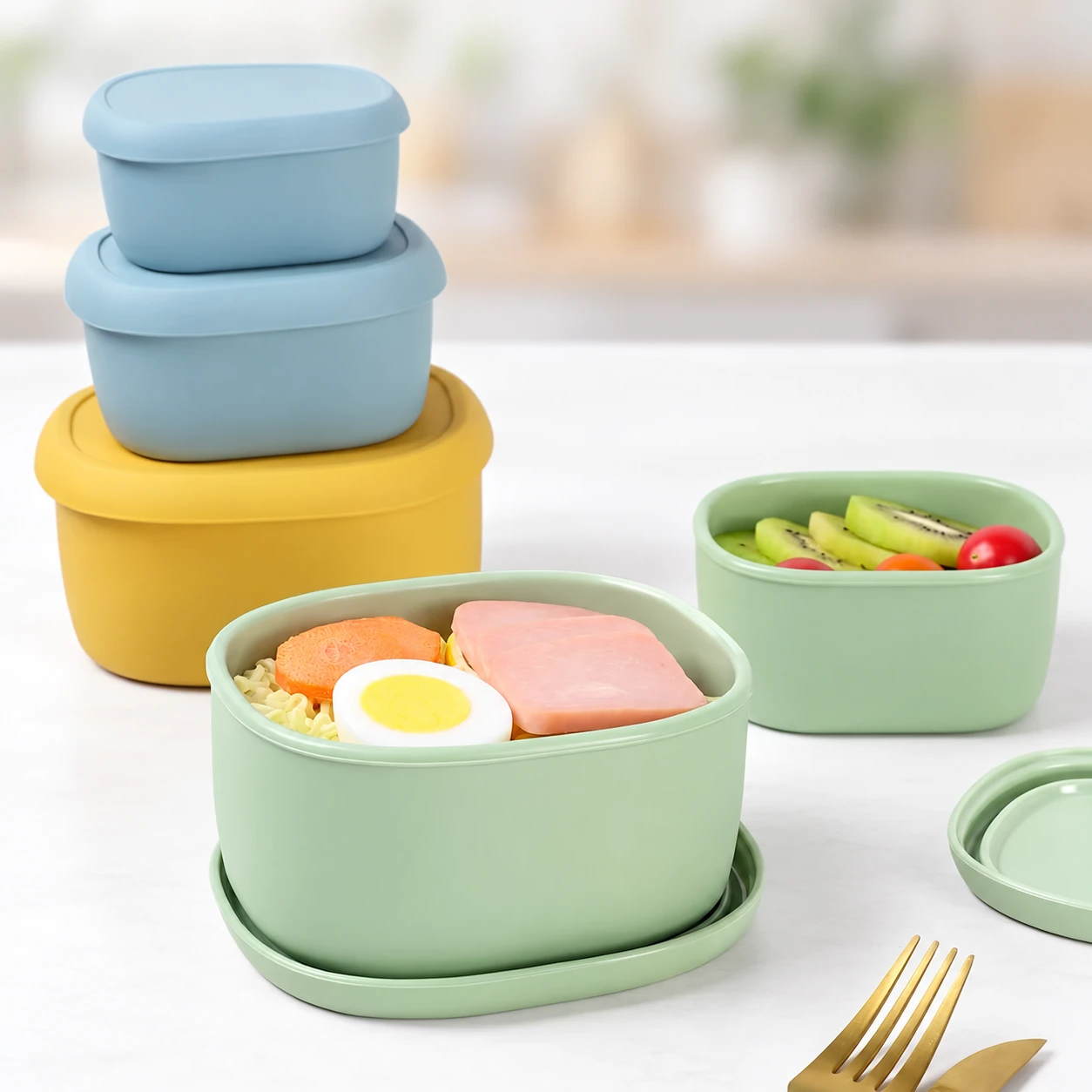Blue yellow and green silicone food containers with lids