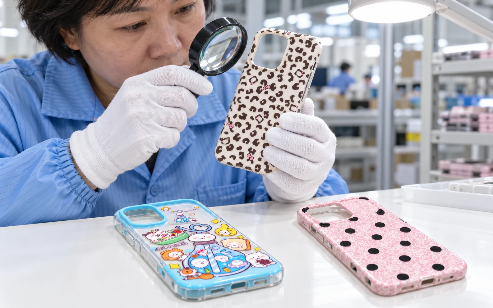 Quality inspector checking printed IMD phone case details