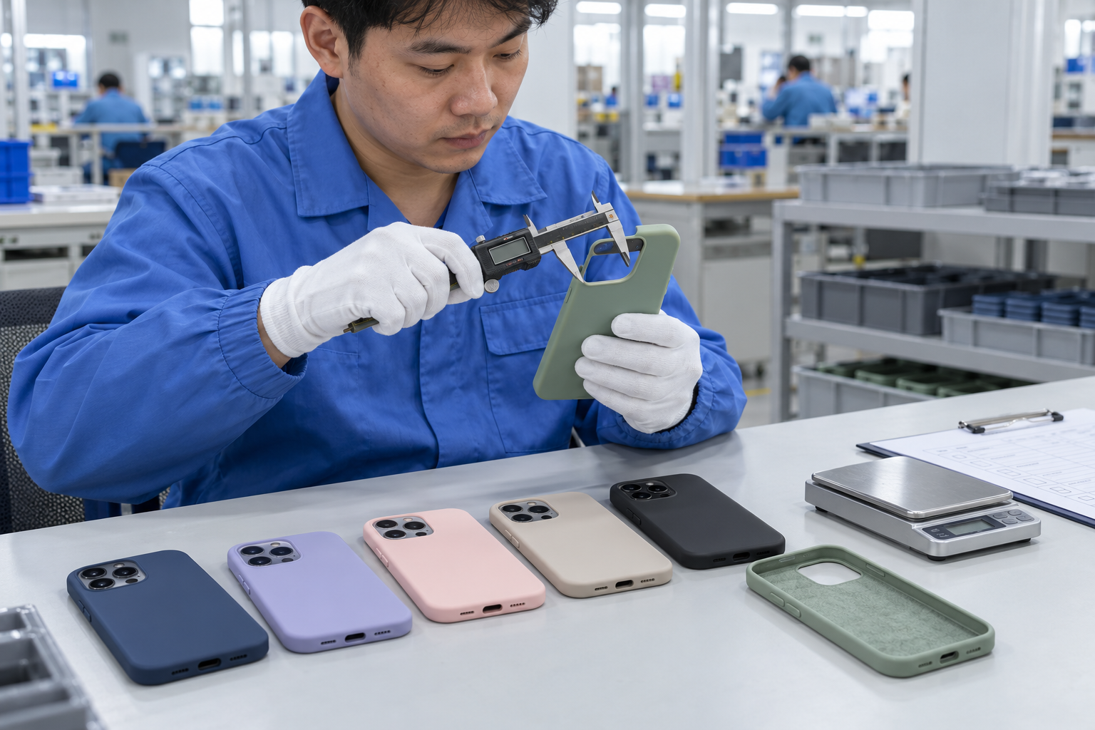 Quality inspector in a blue uniform checking a liquid silicone phone case with digital calipers beside assorted silicone cases