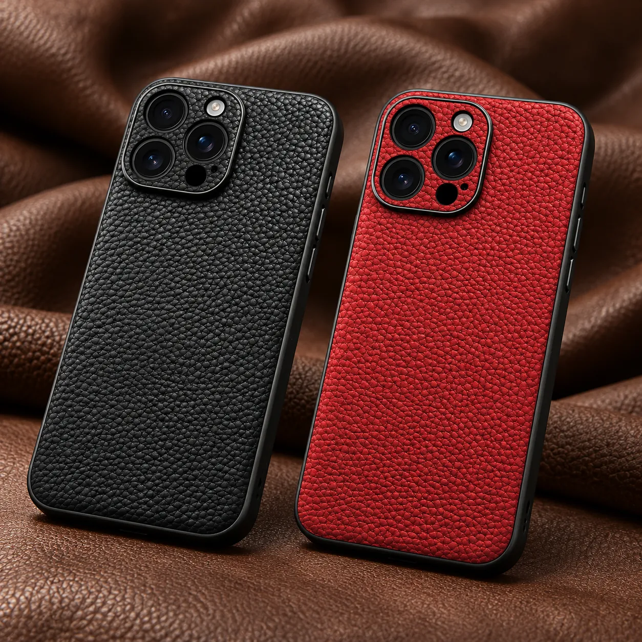 Black and red pebbled leather phone cases