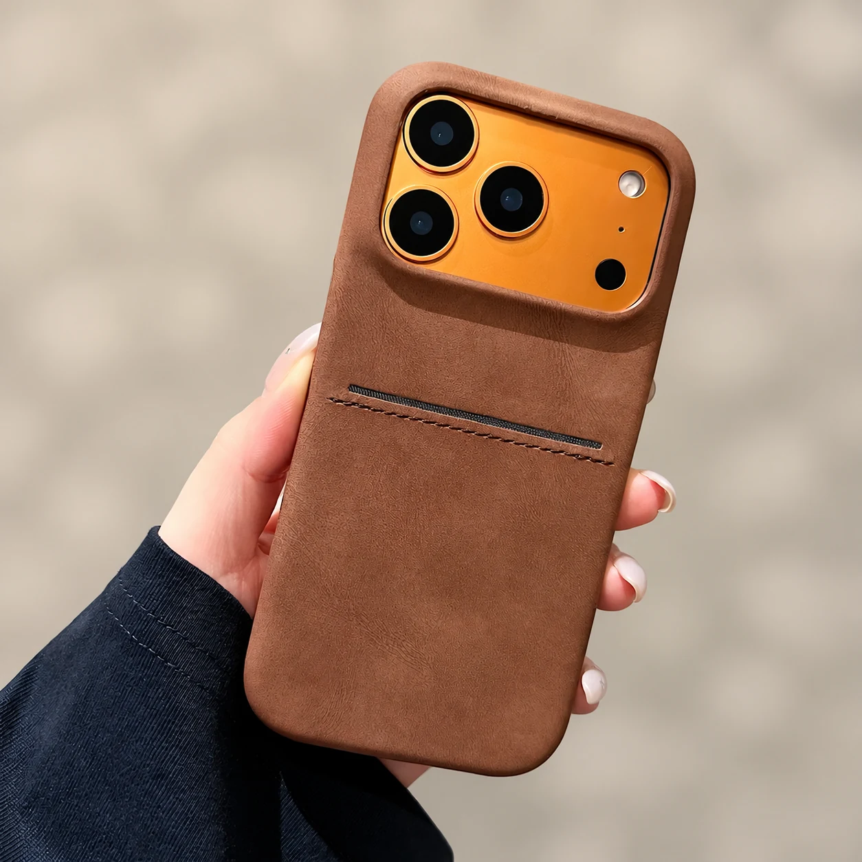 Brown leather-style phone case with a stitched rear card slot