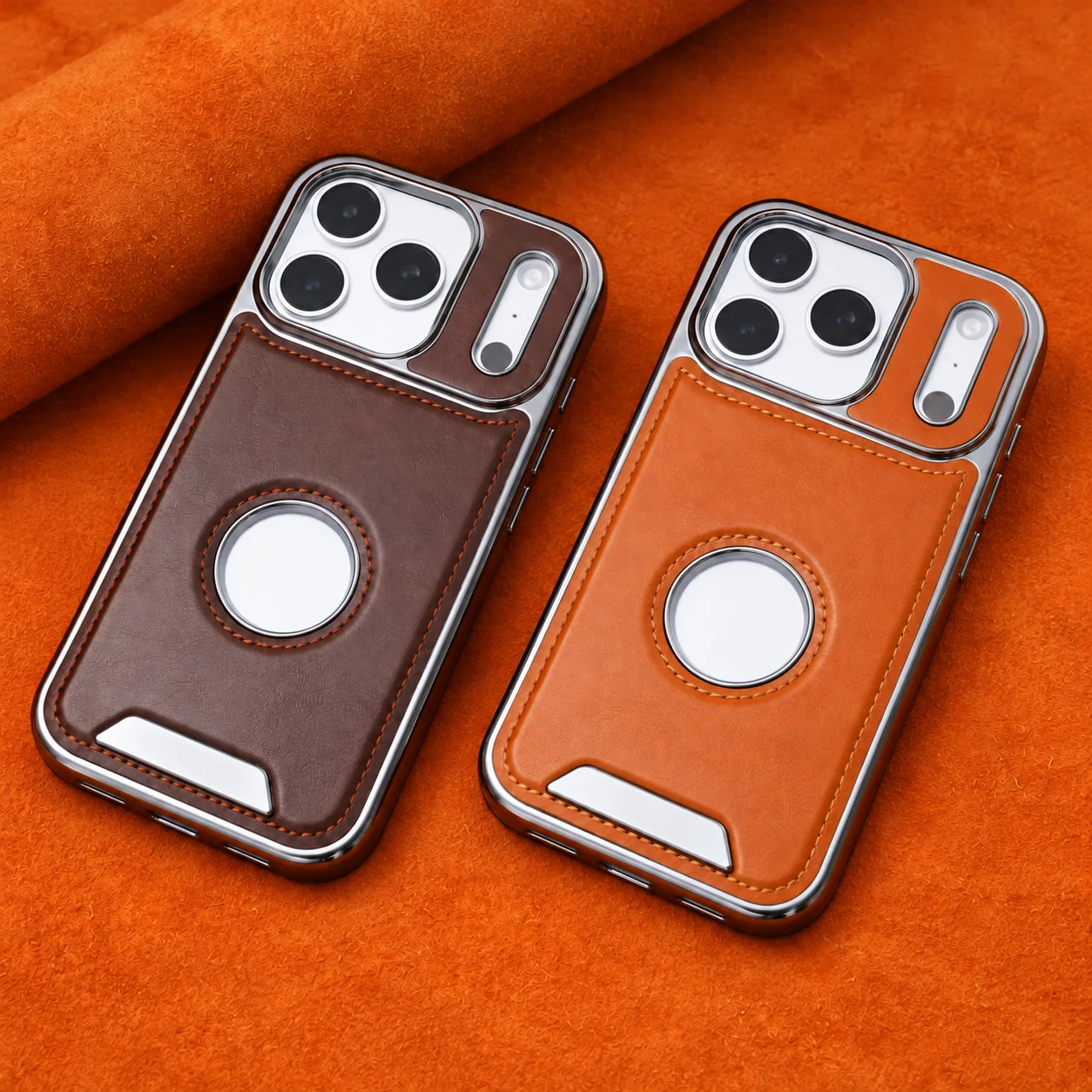 Brown and tan leather phone cases with polished chrome trim and blank nameplates