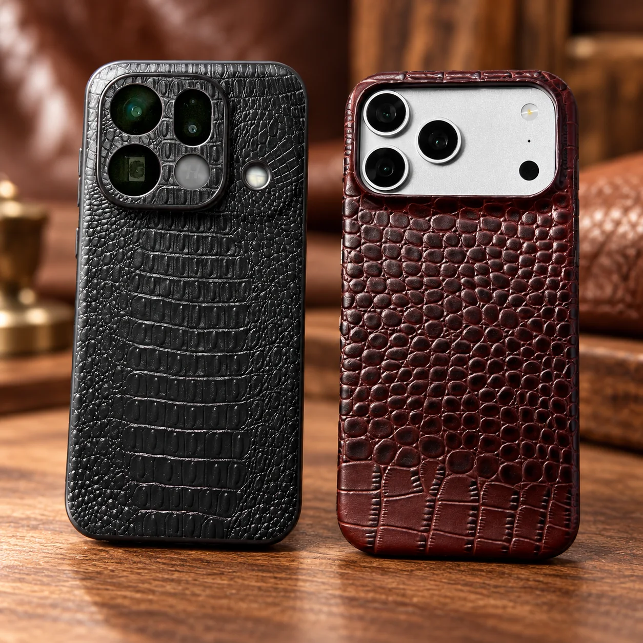 Black and burgundy crocodile-pattern leather phone cases