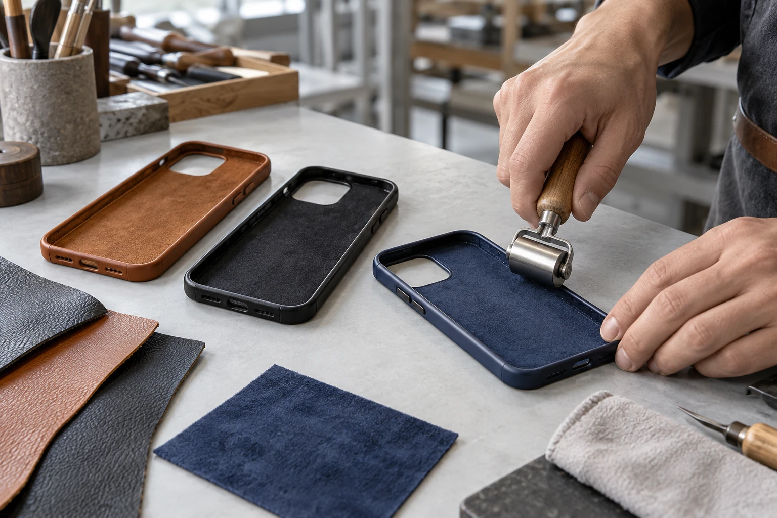 Artisan finishing a navy leather phone case beside tan and black cases on a workbench