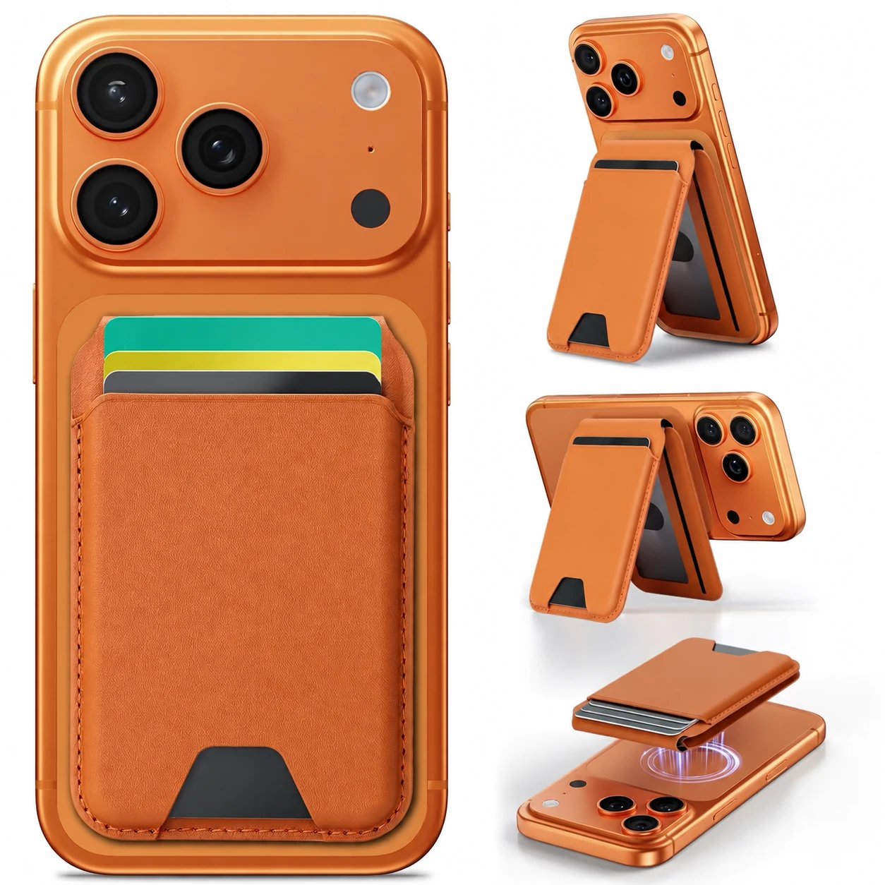 Orange magnetic leather wallet with card storage and folding phone stand