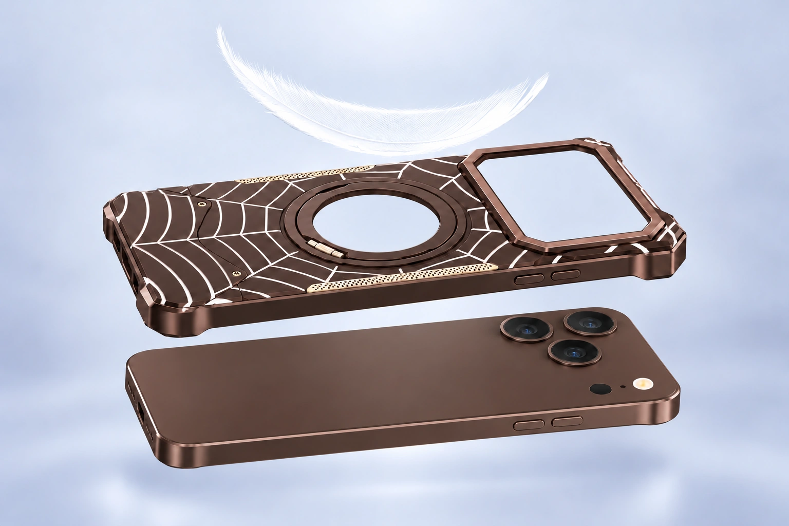Spiderweb-pattern metal phone case with an open circular ring, floating above a brown smartphone with a white feather overhead