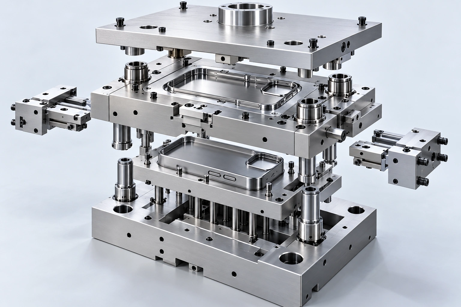 Exploded illustration of a precision phone case mold showing steel plates, phone-shaped inserts, guide pillars and side slides