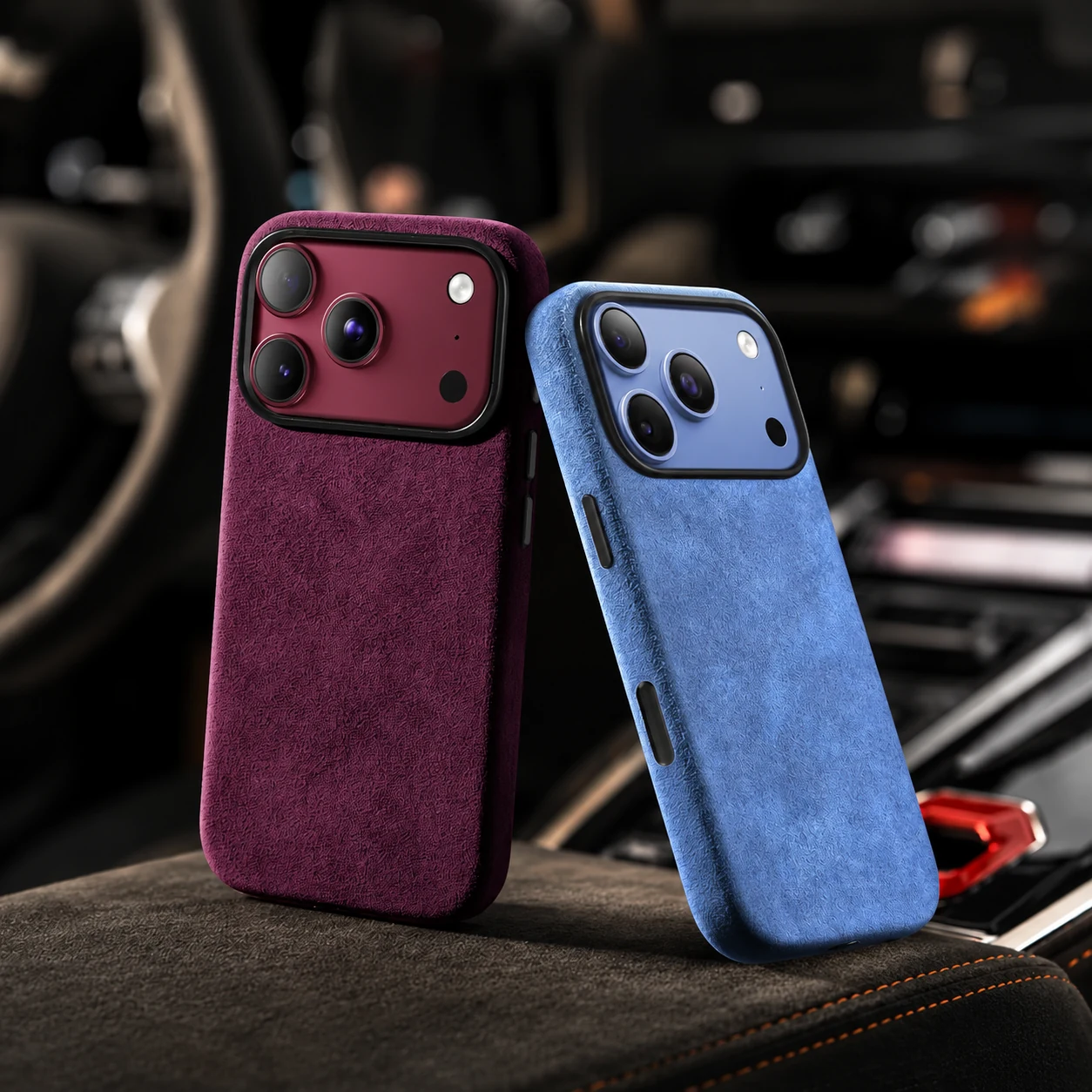Purple and blue suede-style phone cases