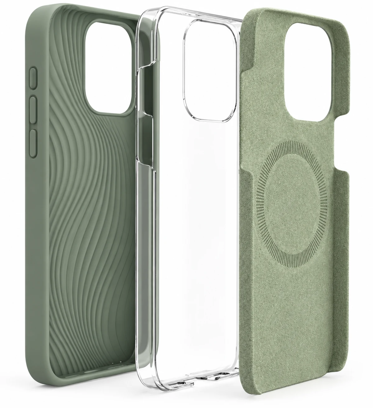 Exploded view of a sage green wave-textured liquid silicone phone case with clear PC support and microfiber lining