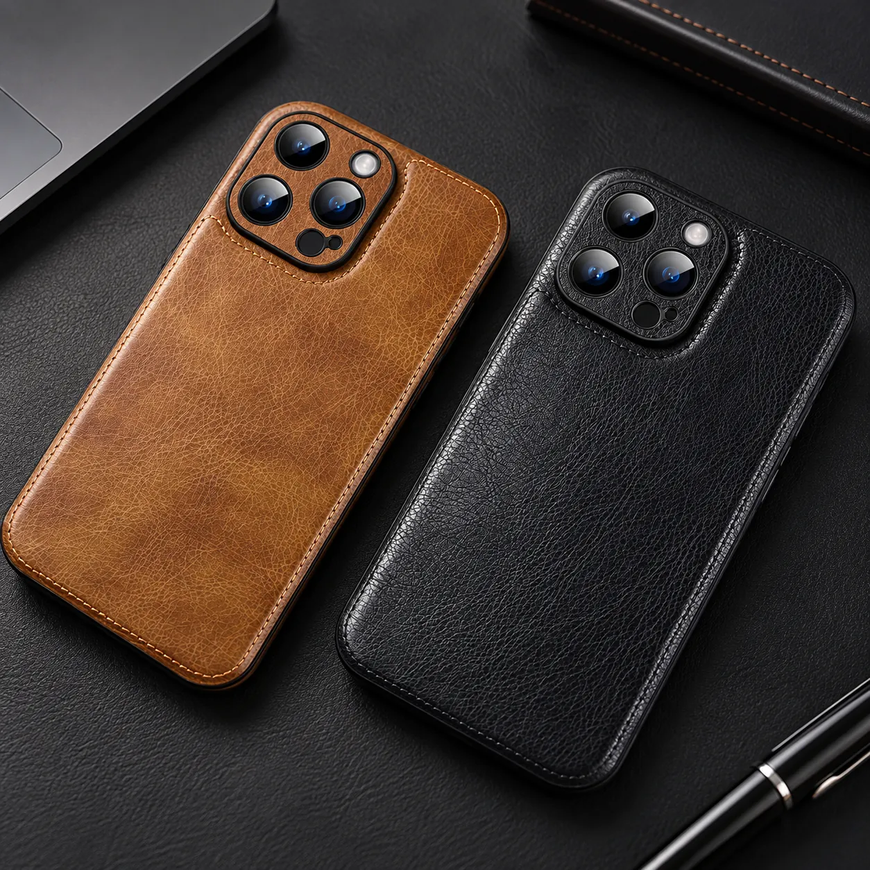 Tan and black leather phone cases with stitched edges