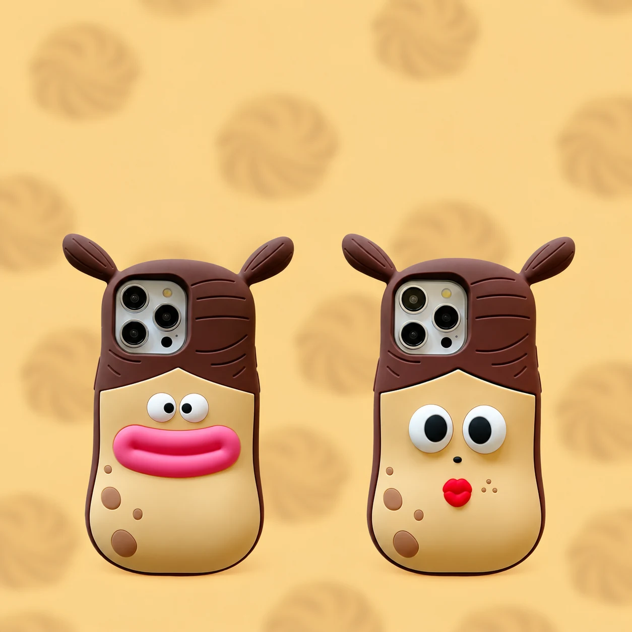 Two sculpted cartoon girl silicone phone cases with raised eyes and lips