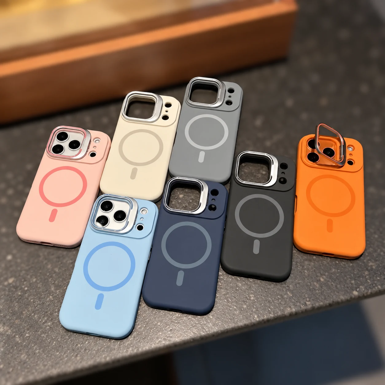 Colorful magnetic cases with camera frames and an orange case with a raised camera stand